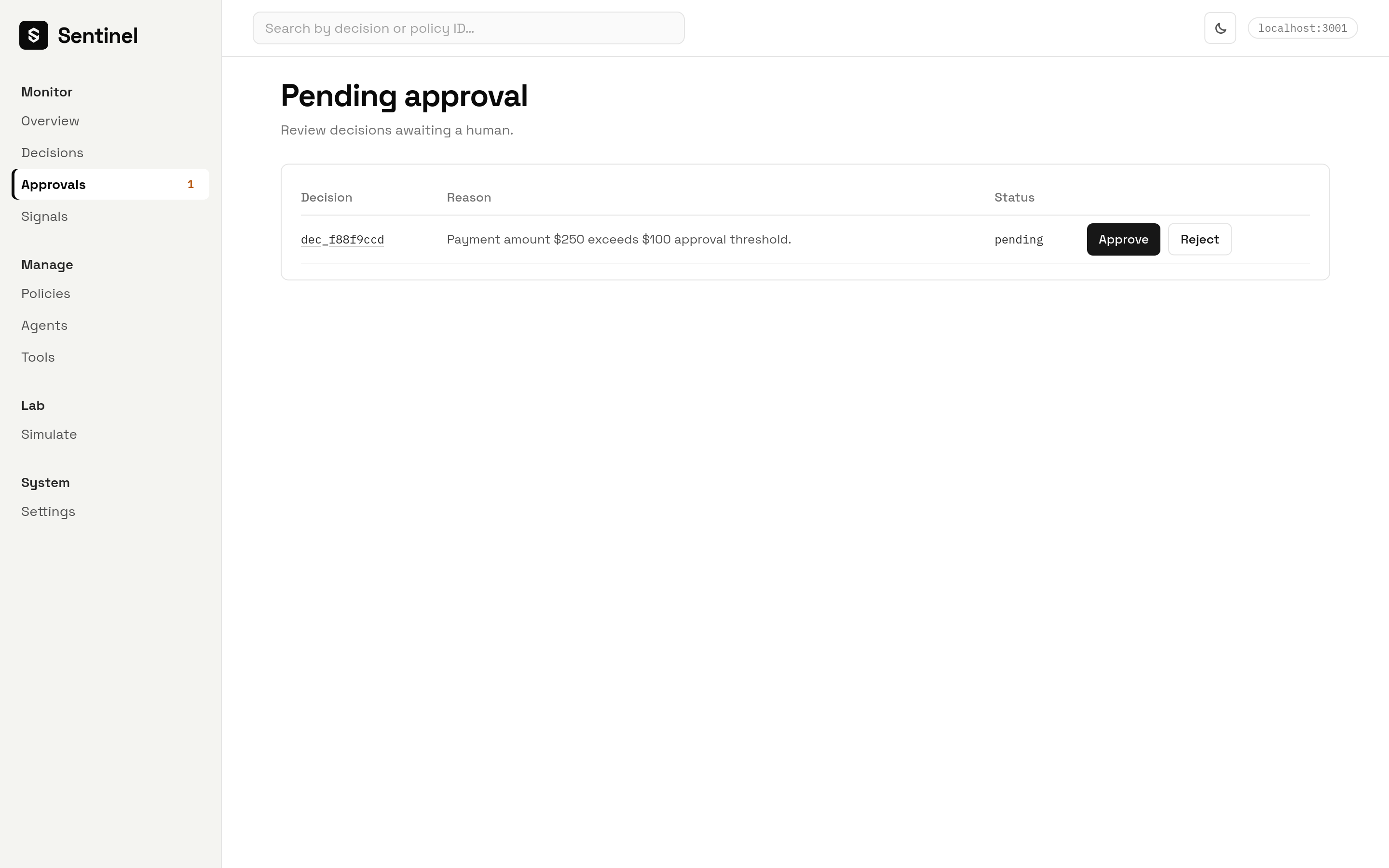 Approvals queue with one pending decision for a $250 payment exceeding the $100 threshold, with Approve and Reject buttons