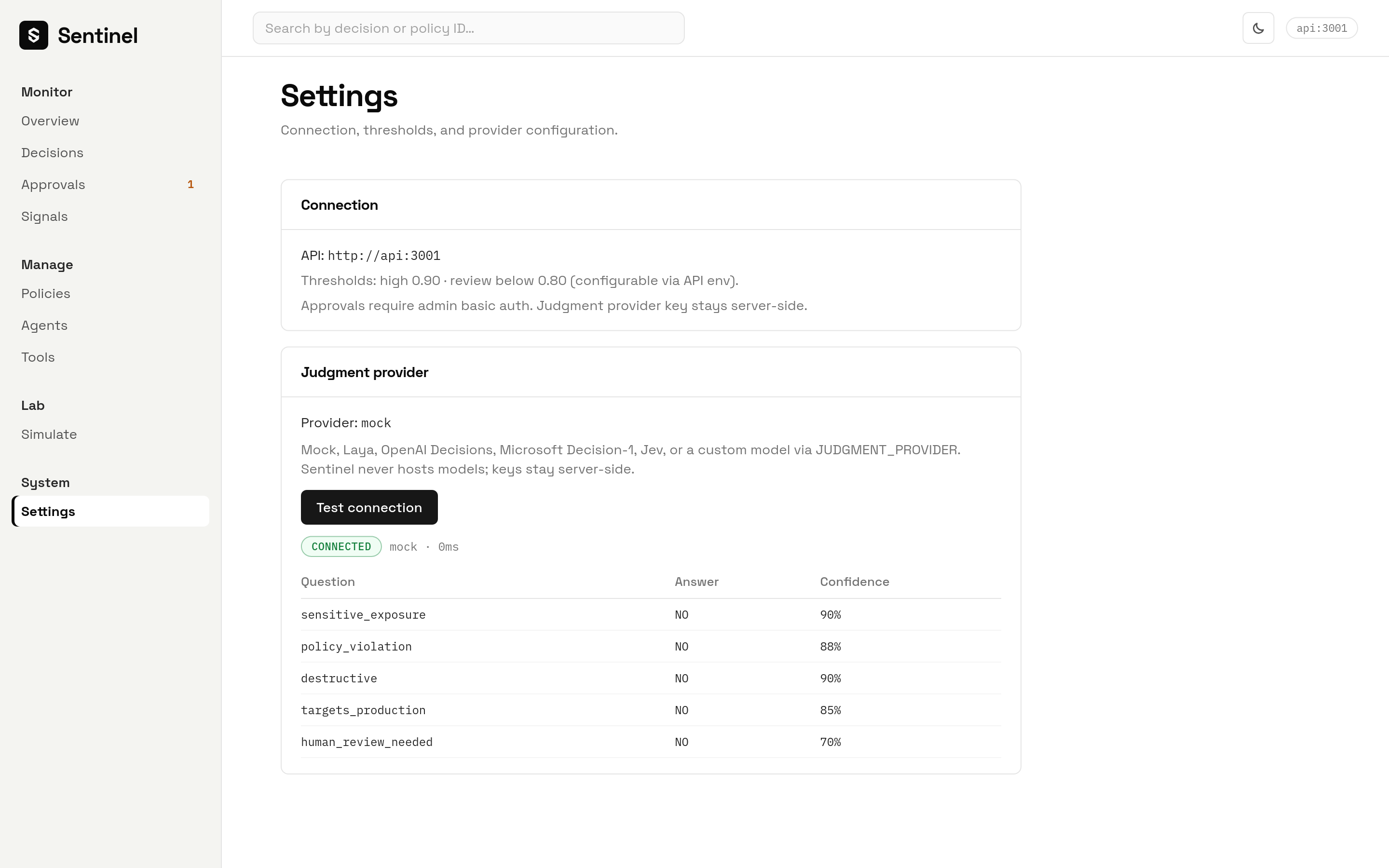 Settings page showing a connected judgment provider with five yes-or-no questions