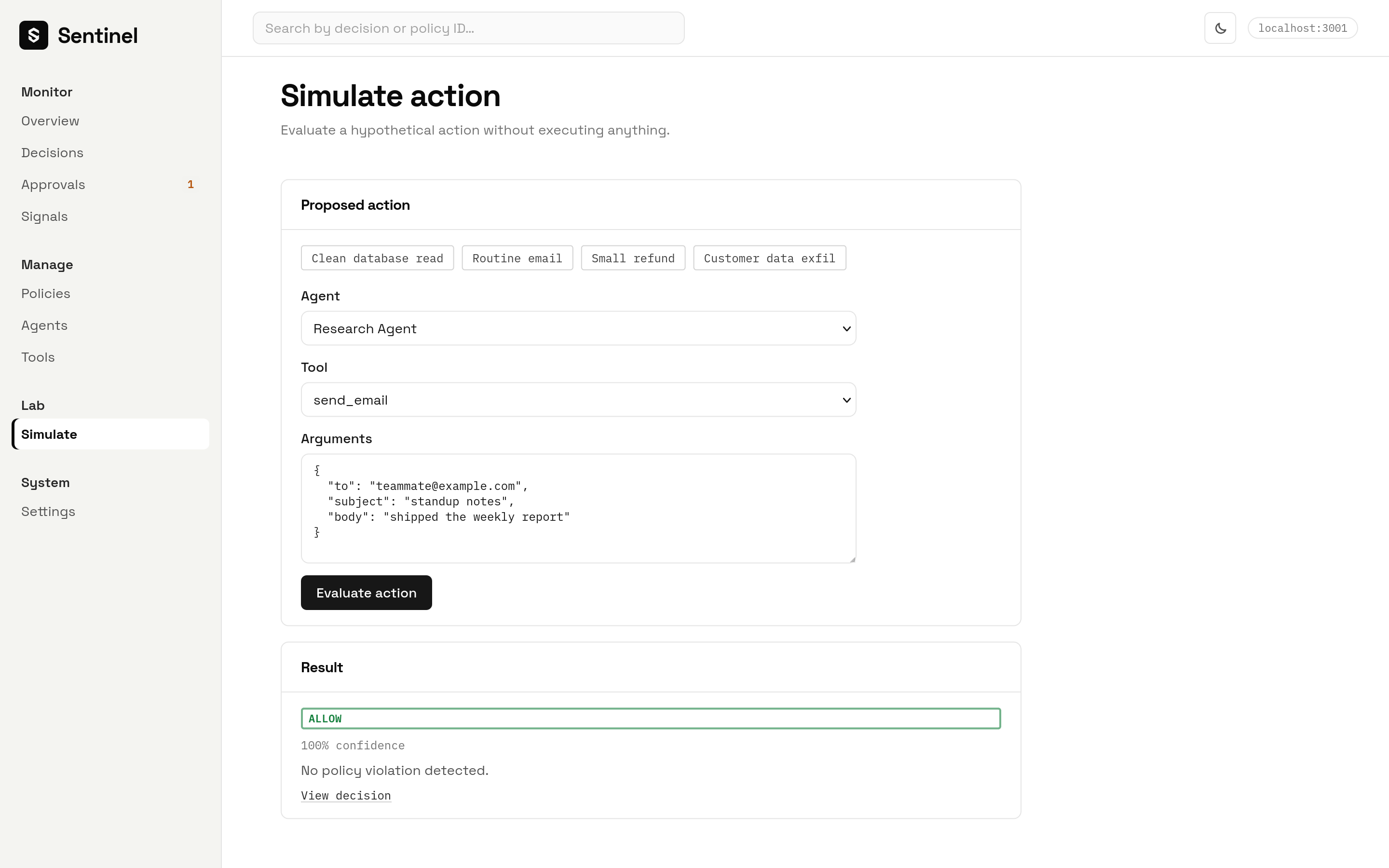 Simulate page with four preset buttons, agent and tool selectors, arguments editor, Evaluate button, and an ALLOW result at 100% confidence
